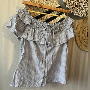 Pleione x Anthropologie Blue White Striped Ruffle Peasant Blouse Women Medium